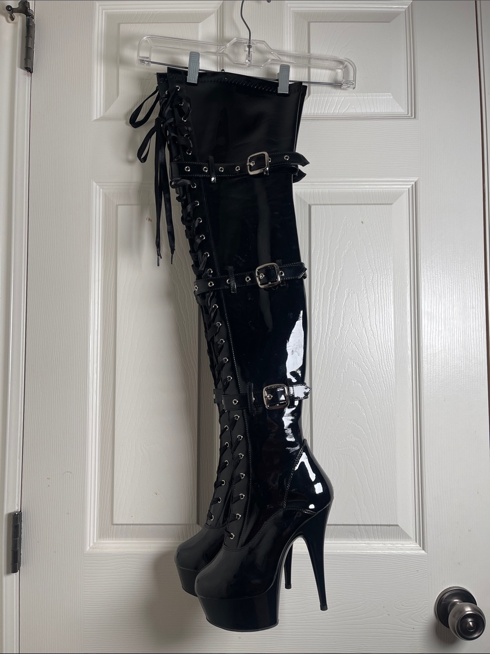 Black Patent Knee-High Lace-Up Platform Pleaser Boots